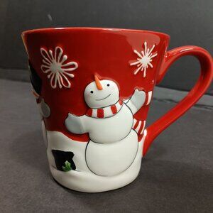 St Nicholas Square Tree Lot Snowman Coffee Mug Ceramic Red Christmas Holiday